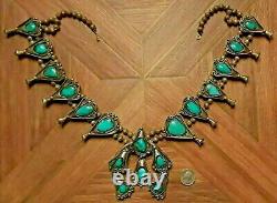 Collier à fleurs de courge vintage Navajo en turquoise et argent sterling de 30 pouces 414g