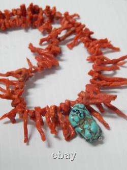 Collier ancien vintage en argent sterling Navajo avec branches de corail et turquoise