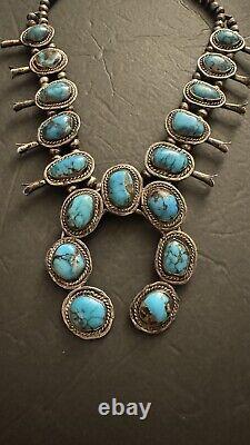 Collier de fleurs de courge vintage en argent sterling turquoise indien Navajo ancien 185g