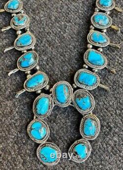 Collier de fleurs de courge vintage en argent sterling turquoise indien Navajo ancien 185g