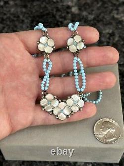 Collier fleur en argent sterling Zuni vintage avec turquoise, perles de nacre amérindiennes