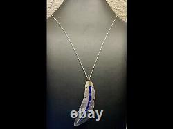 Collier pendentif Navajo amérindien VTG en lapis-lazuli incrusté plume en argent sterling