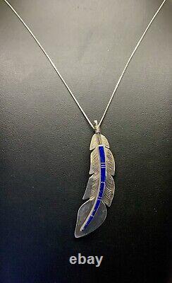 Collier pendentif Navajo amérindien VTG en lapis-lazuli incrusté plume en argent sterling