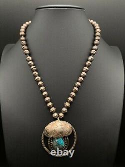 Collier pendentif vintage en argent navajo indien avec turquoise et travail de tamponnage