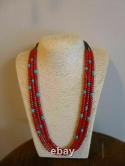 Collier vintage amérindien navajo sud-ouest en corail rouge et turquoise