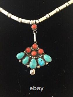 Collier vintage en argent sterling amérindien avec perles de turquoise et de corail