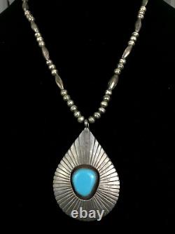 Collier vintage en perles d'argent en forme de boîte d'ombre avec turquoise de l'Indien Navajo 24