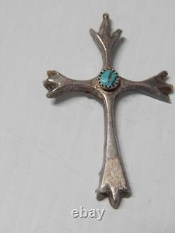 Gros ancien collier de croix turquoise en argent sterling indien Navajo vintage