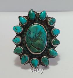 Superbe Bague Vintage Navajo Indienne en Argent avec Multi-Turquoise Cluster Taille 7-1/2