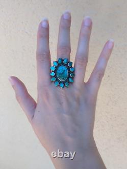 Superbe Bague Vintage Navajo Indienne en Argent avec Multi-Turquoise Cluster Taille 7-1/2