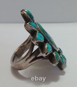 Superbe Bague Vintage Navajo Indienne en Argent avec Multi-Turquoise Cluster Taille 7-1/2