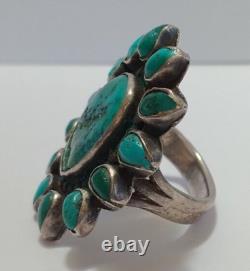 Superbe Bague Vintage Navajo Indienne en Argent avec Multi-Turquoise Cluster Taille 7-1/2