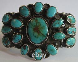 Superbe large bracelet manchette vintage en argent navajo avec multiples turquoises