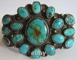 Superbe large bracelet manchette vintage en argent navajo avec multiples turquoises