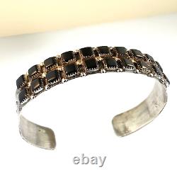 VTG NATIVE AMERICAN Navajo BRACELET en argent sterling / ONYX NOIR Yeux de serpent Signé