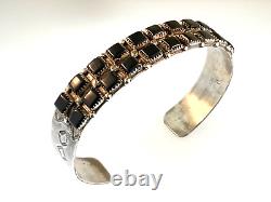 VTG NATIVE AMERICAN Navajo BRACELET en argent sterling / ONYX NOIR Yeux de serpent Signé