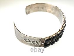 VTG NATIVE AMERICAN Navajo BRACELET en argent sterling / ONYX NOIR Yeux de serpent Signé