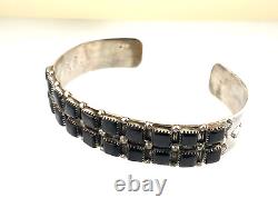 VTG NATIVE AMERICAN Navajo BRACELET en argent sterling / ONYX NOIR Yeux de serpent Signé